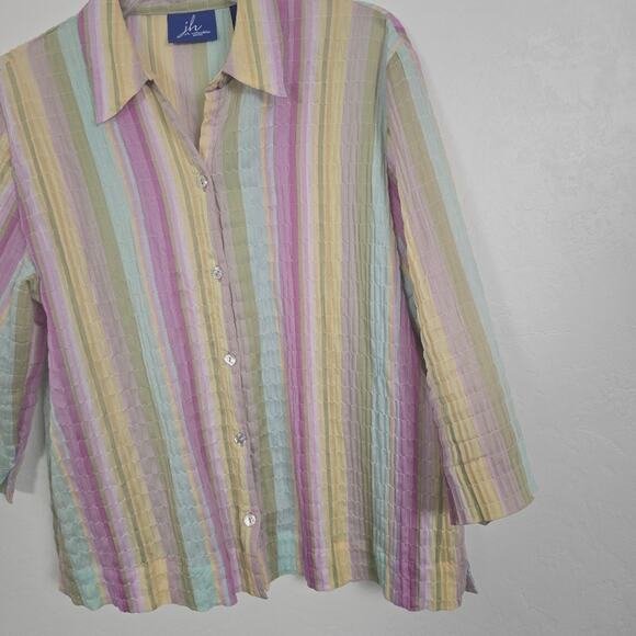 JG Collection Women Pastel Stripe Semi Sheer Button Down Blouse Retro Causal PL - Picture 8 of 12
